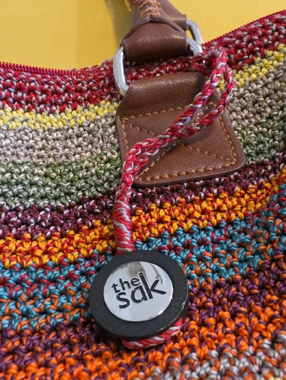 The Sak Cambria Large Rainbow Stripe Crochet Knit Tote Shoulder Bag